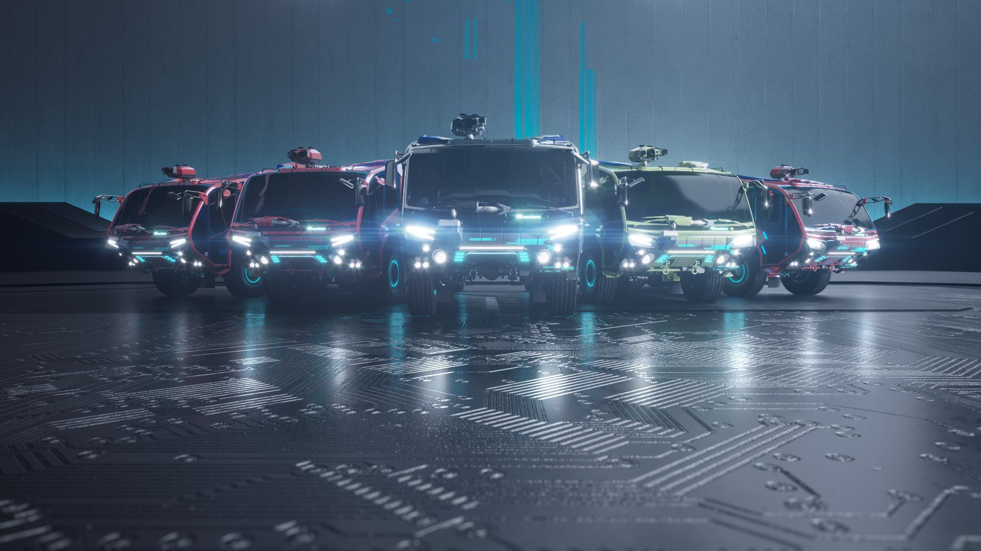 Futuristic e-lineup Rosenbauer's E-Line fleet on a futuristic dark background.