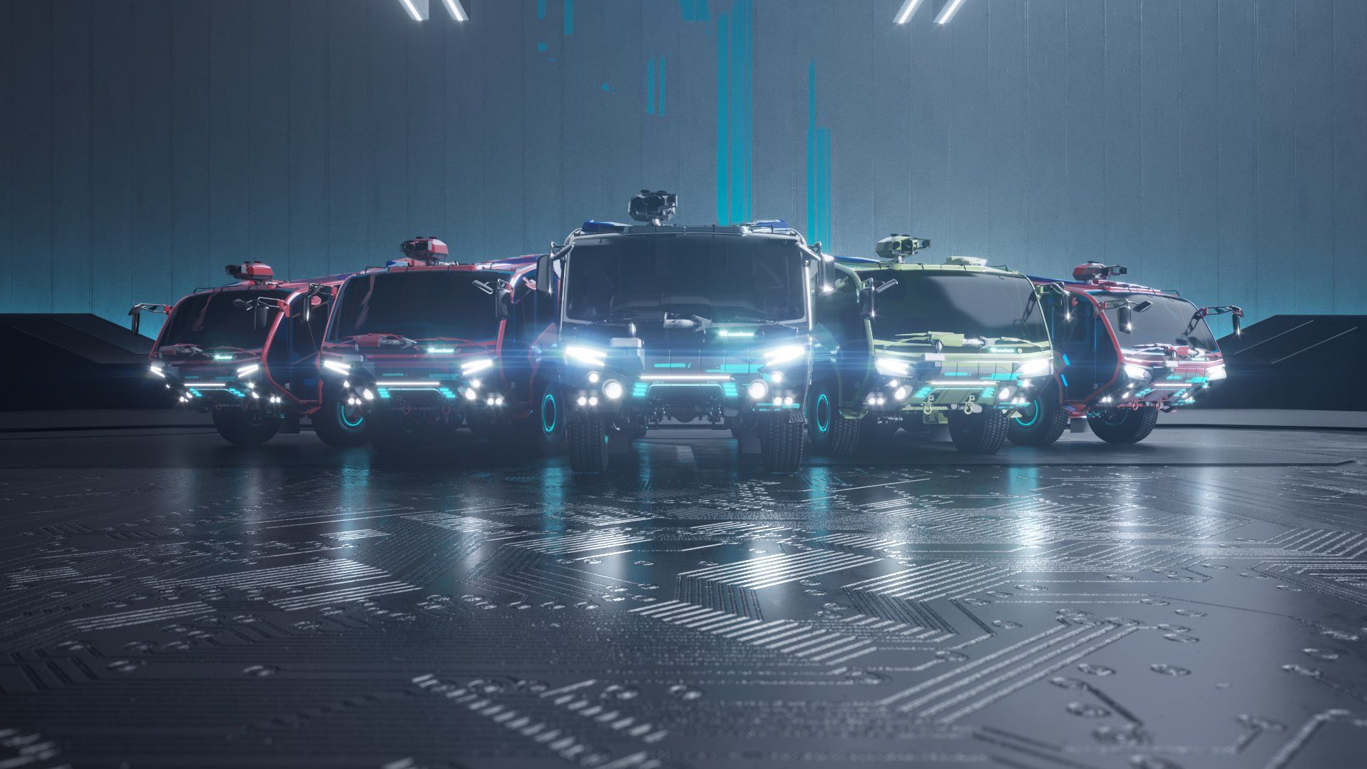 Futuristic e-lineup Rosenbauer's E-Line fleet on a futuristic dark background.