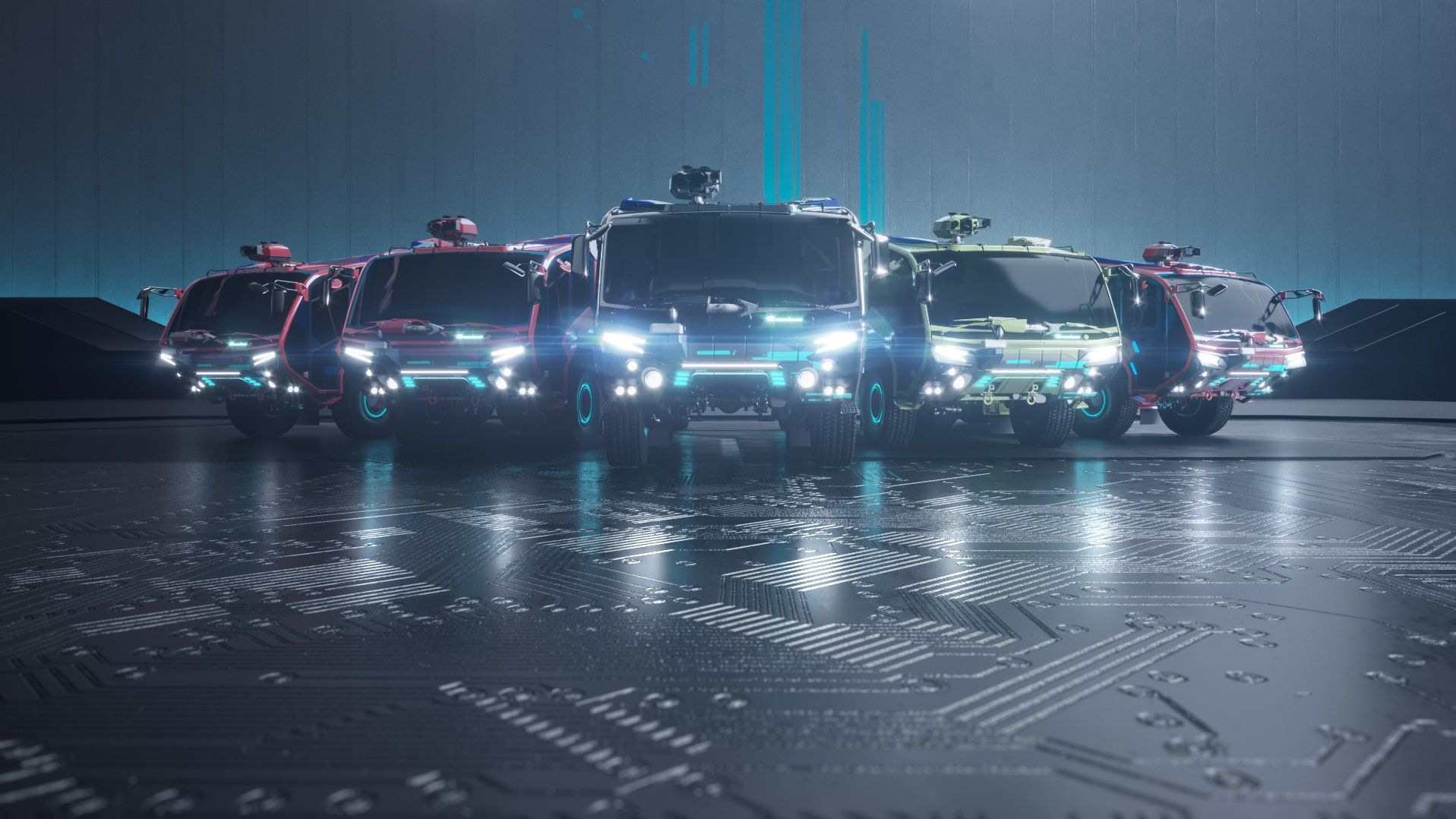 Rosenbauer's E-Line fleet on a futuristic dark background.