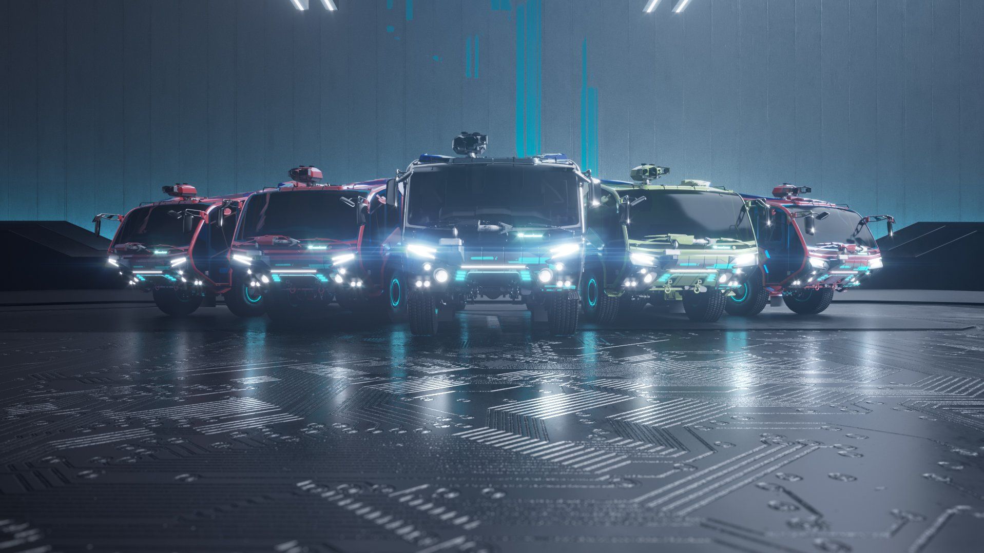 Futuristisch dargestelltes E-Lineup Die E-Line-Flotte von Rosenbauer auf futuristisch dunklem Hintergrund.