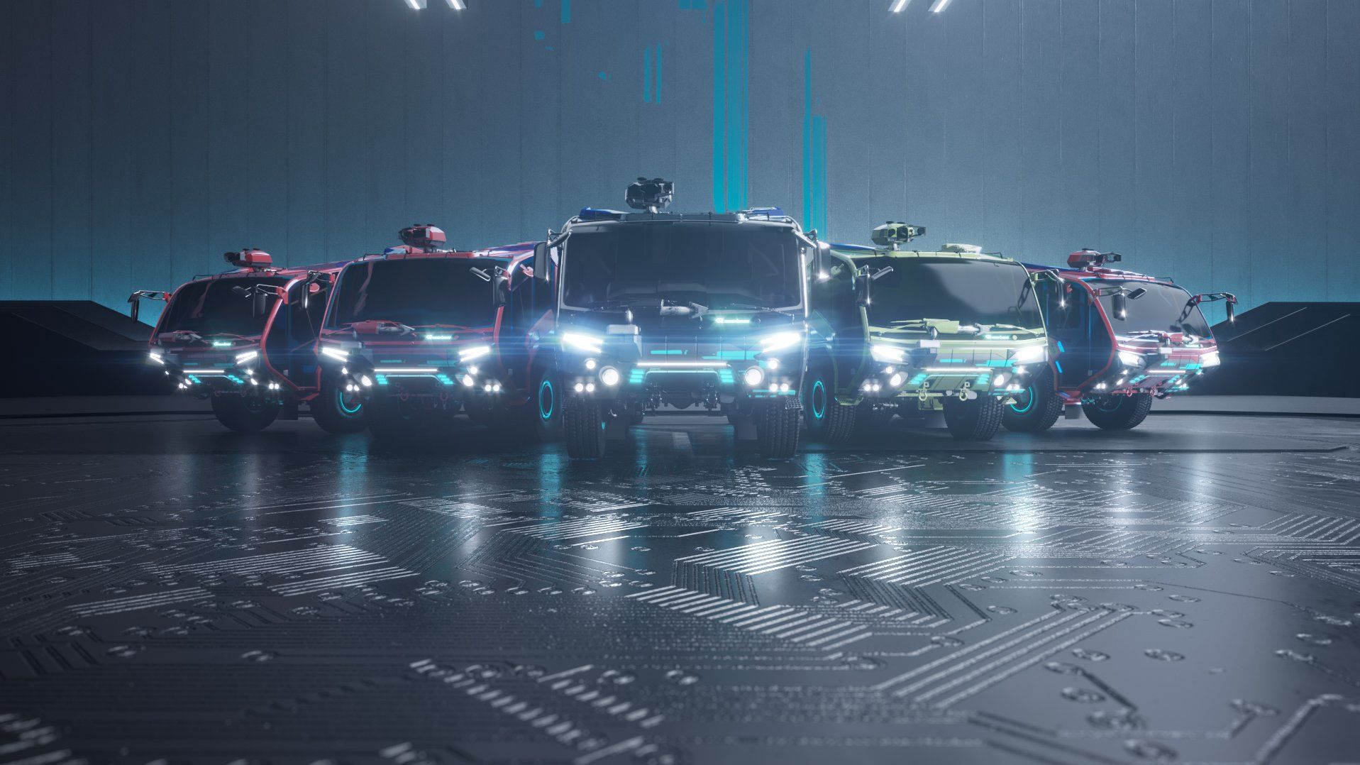 Futuristisch dargestelltes E-Lineup Die E-Line-Flotte von Rosenbauer auf futuristisch dunklem Hintergrund.