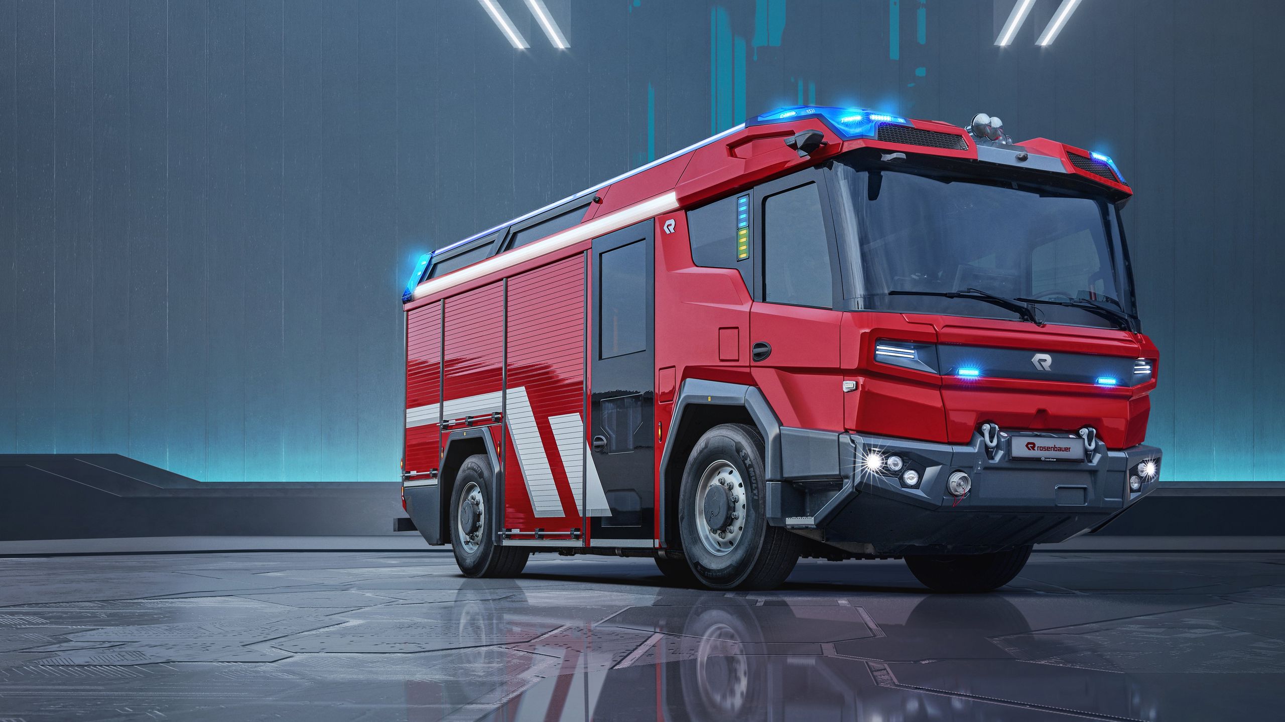 RT: Key Visual futuristischer Hintergrund Der RT von Rosenbauer – futuristisch und konzeptionell dargestellt auf dunklem Hintergrund.
