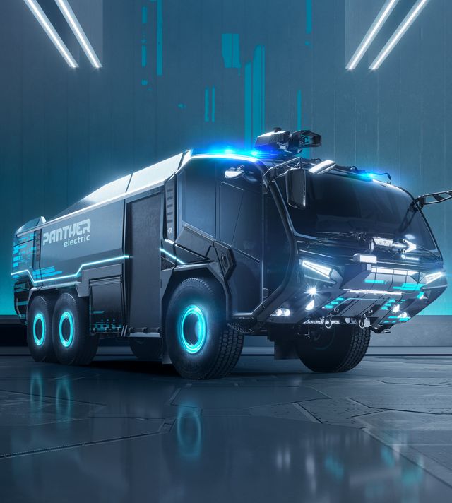 The PANTHER electric from Rosenbauer - futuristic and conceptual on a dark background.