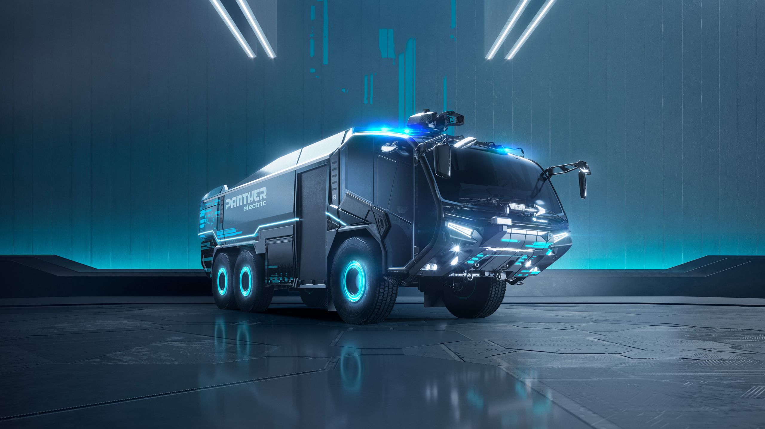 PANTHER electric: Key visual futuristic background The PANTHER electric from Rosenbauer - futuristic and conceptual on a dark background.