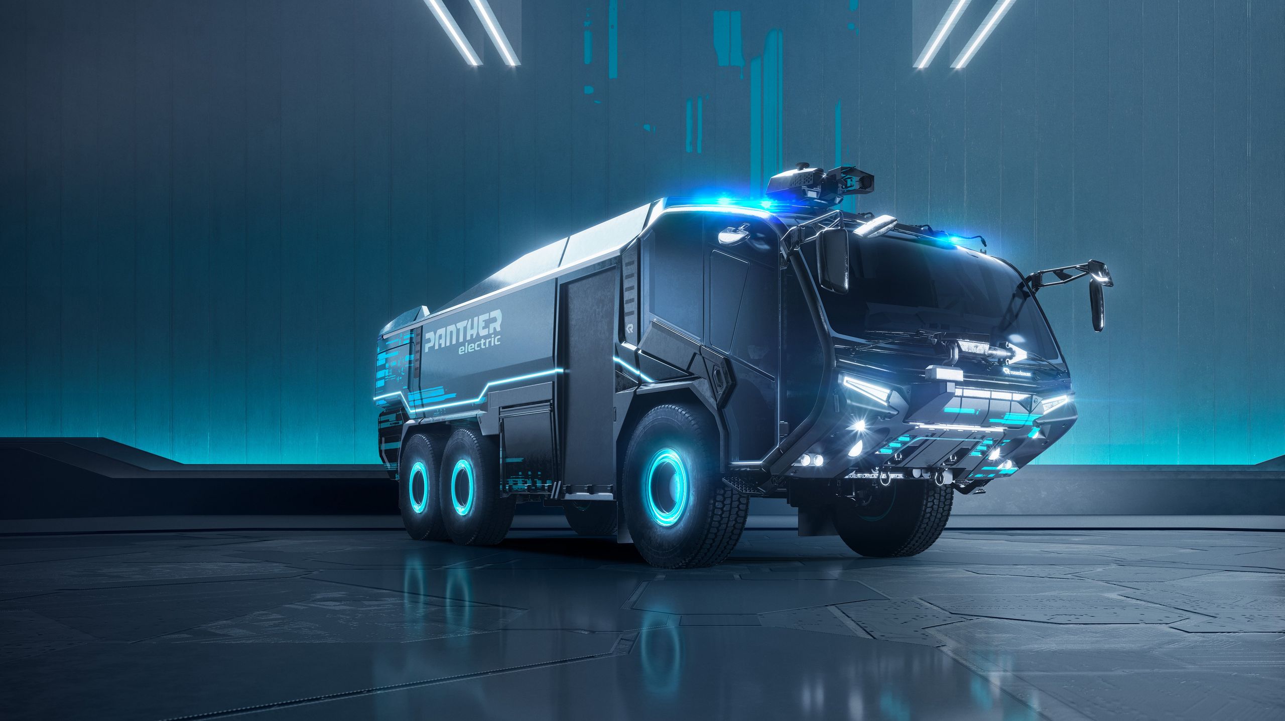 PANTHER electric: Key Visual futuristischer Hintergrund Der PANTHER electric von Rosenbauer – futuristisch und konzeptionell dargestellt auf dunklem Hintergrund.